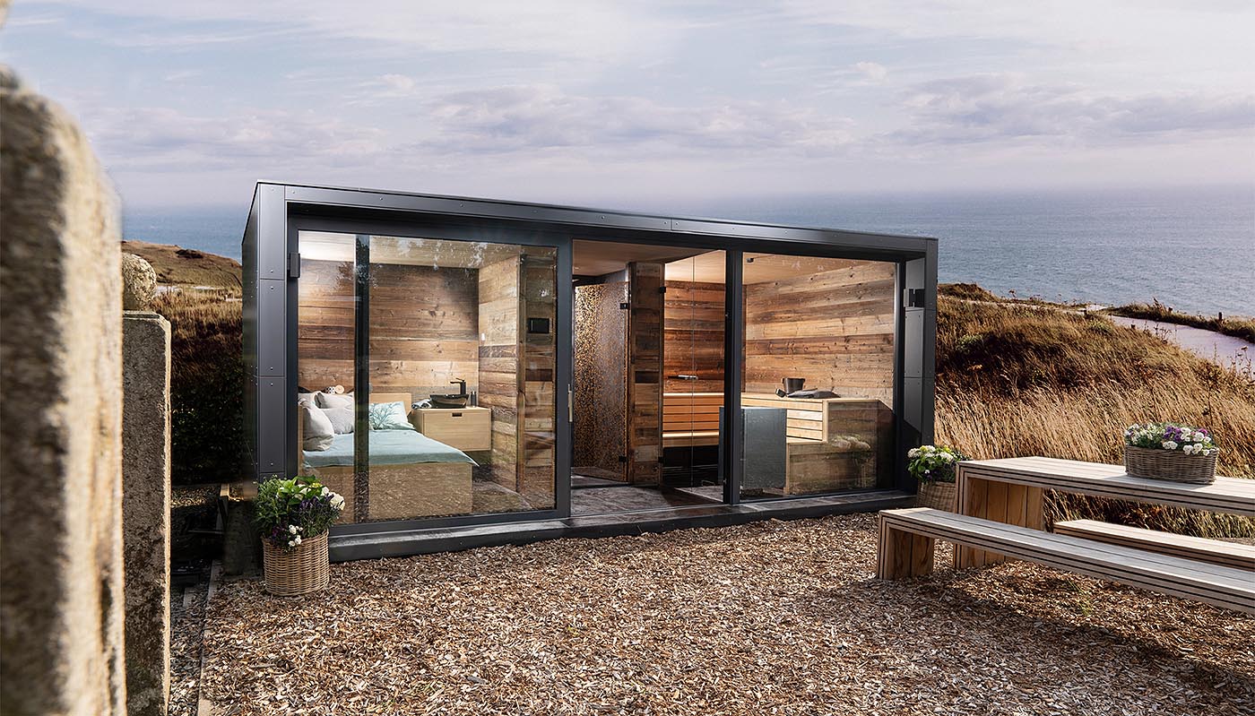 Luxus Sauna | Premium Sauna 28 Luxus Gartensauna Chalet in Altholz mit integrierter Dusche und Ruheraum - perfekt geplant, alles vereint unter einem Dach.