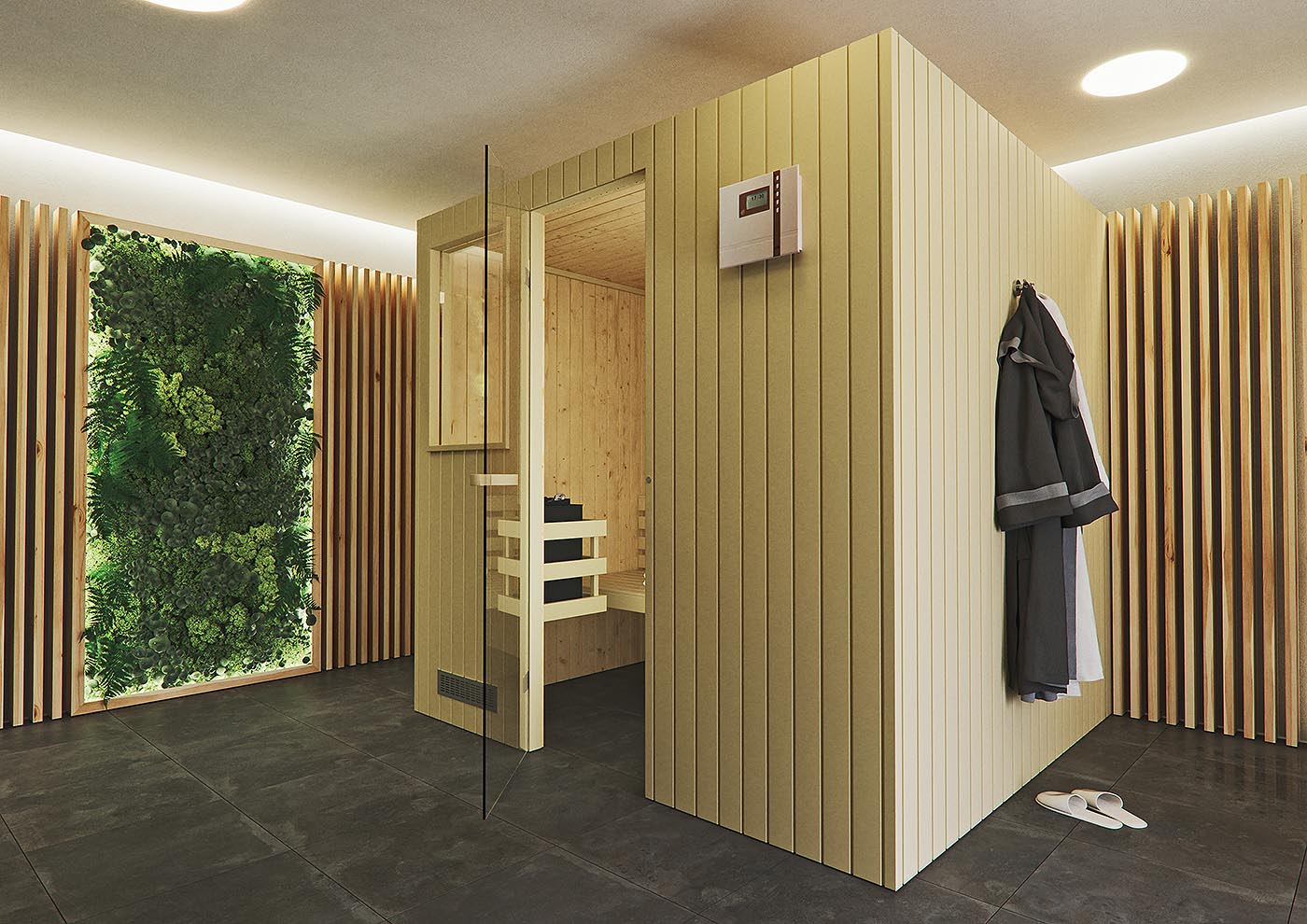 Sauna Angebote | Klassische Sauna 15 Klassische Ecksauna aus Fichtenholz mit Außenverkleidung in Espe Profilholz im Bad.