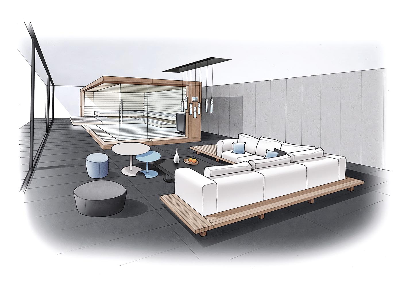 Architekten + Planer 21 Sauna Zuhause planen: Skizze zweiseitig verglaste Design Sauna vom Saunahersteller