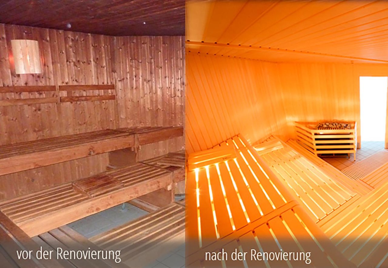 Sauna renovation 1 Sauna renovation: old sauna before the renovation (left) and after the renovation by corso sauna (right)