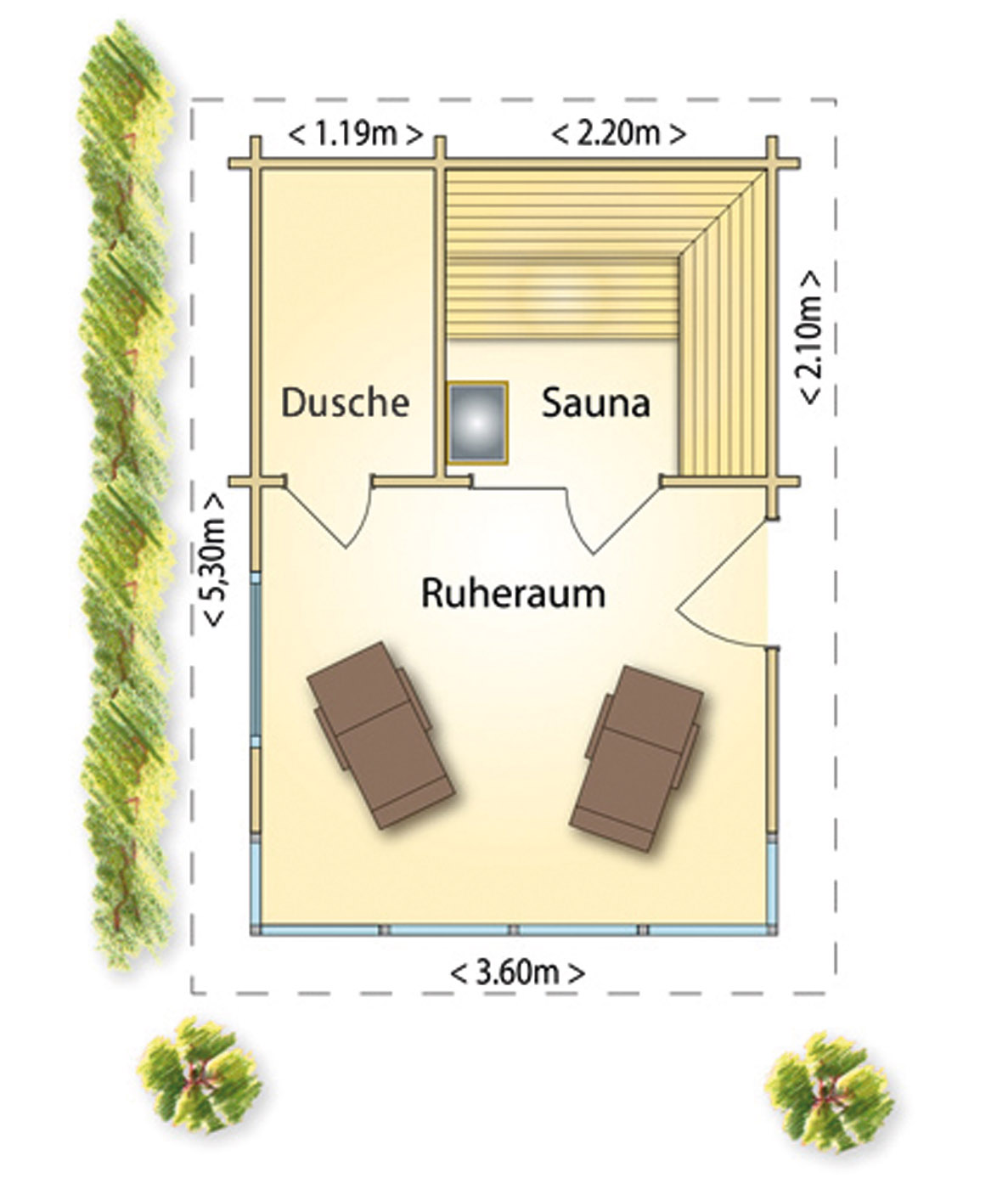 Gartensauna planen 4 Gartensauna: Grundriss Beispiel für eine Aussensauna mit Ruheraum und Dusche