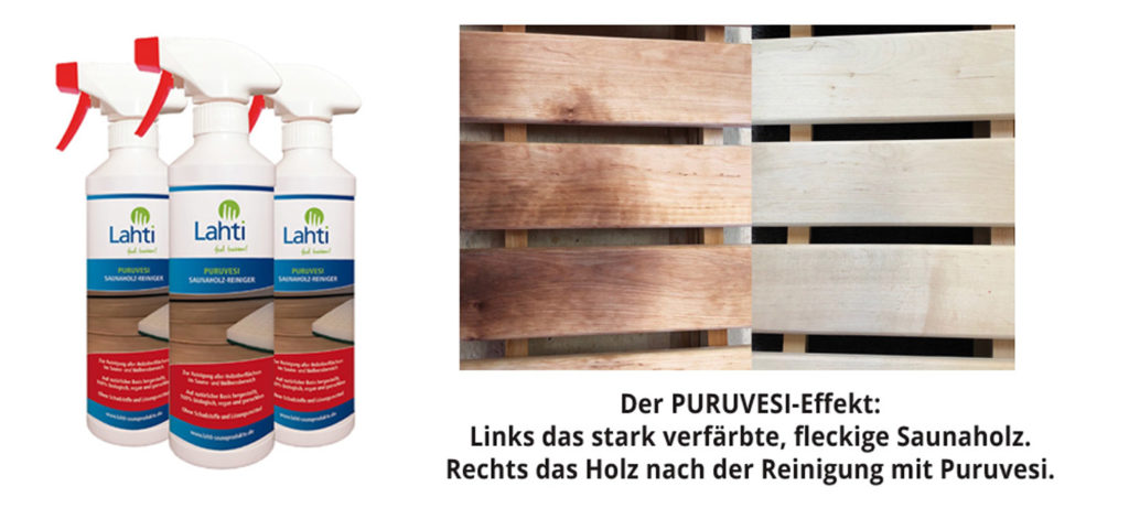 Sauna reinigen - aber wie? 3 Sauna reinigen mit Saunareiniger Puruvesi: das fleckige Saunaholz lässt sich mit dem Spezialmittel einfach reinigen.
