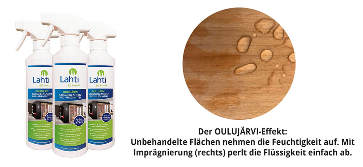 Sauna reinigen - aber wie? 6 Sauna imprägnieren: mit dem Spezialmittel OULUJÄRVI lässt sich das Saunaholz (nach der Sauna Reinigung) imprägnieren, so dass Flüssigkeiten künftig einfach abperlen.