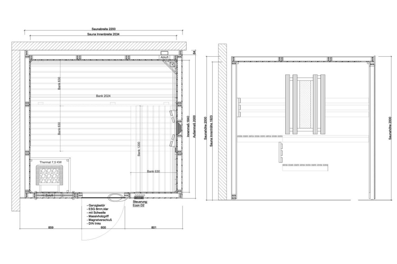 Sauna Angebote | Klassische Sauna 6 Klassische Sauna Ausstellungsangebot mit Zeichnung und Infrarotstrahler