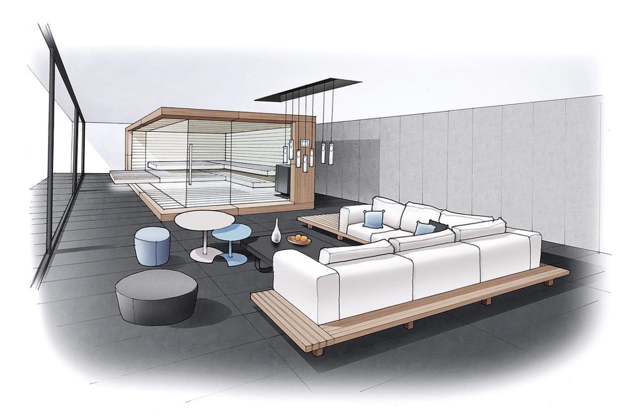 Sauna-Linie PURE 3 Zeichnung einer modernen Sauna mit schwebenden Bänken, zweiseitig verglast. Frei stehende Sauna im Wohnbereich.