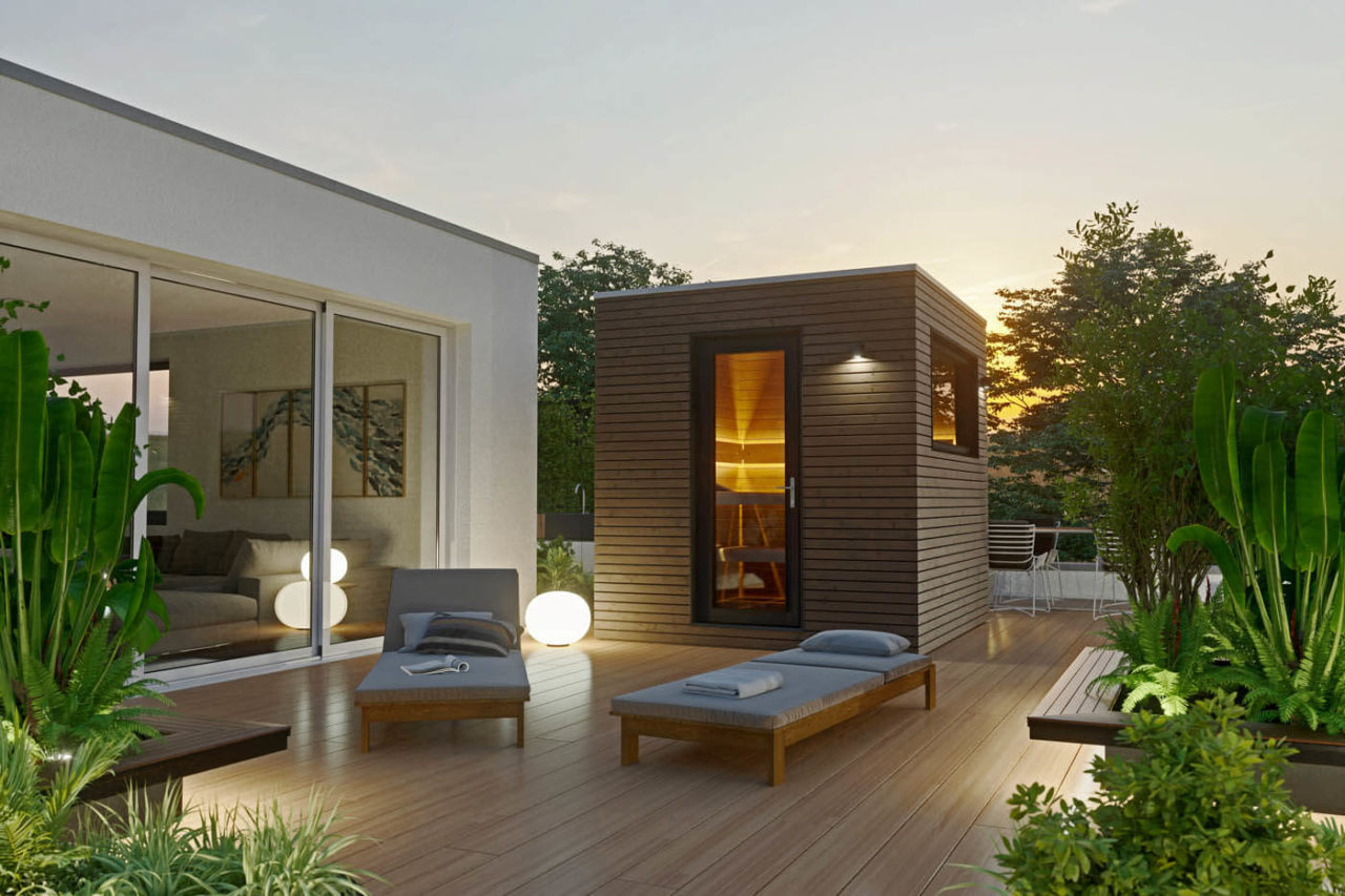 Gartensauna 9 Design Gartensauna CUBUS auf Gartenterrasse mit Glas-Eingangstür und Rhombus Holzprofil-Verkleidung