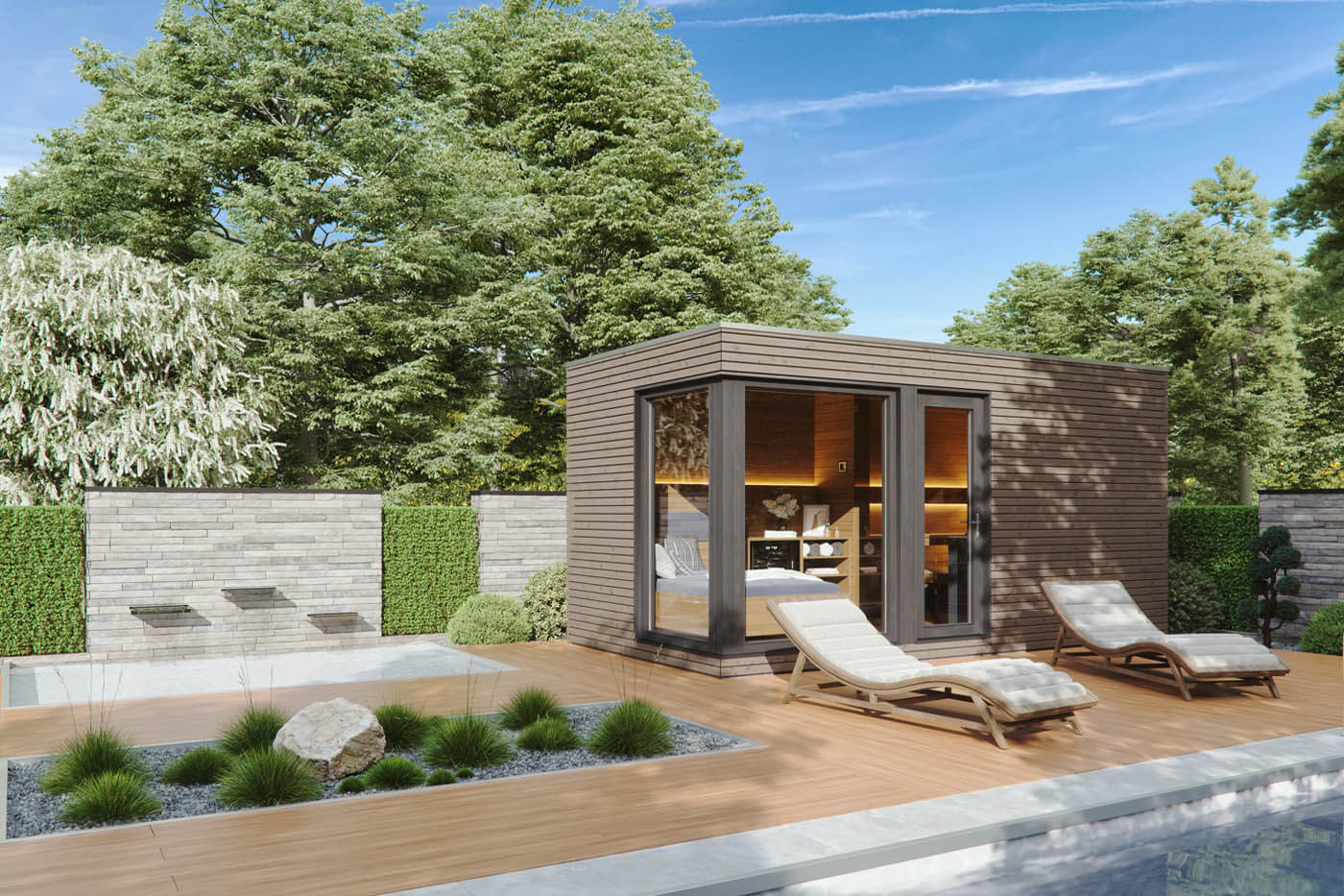 Außensauna: CUBUS XL Lärche Patina 61 Design Gartensauna RHOMBUS auf Gartenterrasse am Pool mit großzügiger Verglasung sowie großem Ruheraum mit Daybed. Rhombus Holzprofil-Verkleidung.