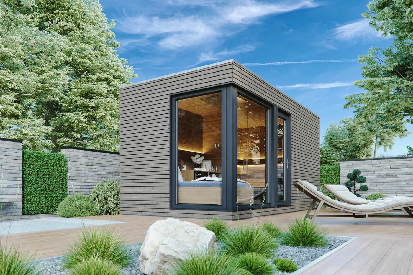 Außensauna: CUBUS XL Lärche Patina 59 Design Gartensauna RHOMBUS auf Gartenterrasse am Pool mit großzügiger Verglasung sowie großem Ruheraum mit Daybed. Rhombus Holzprofil-Verkleidung.