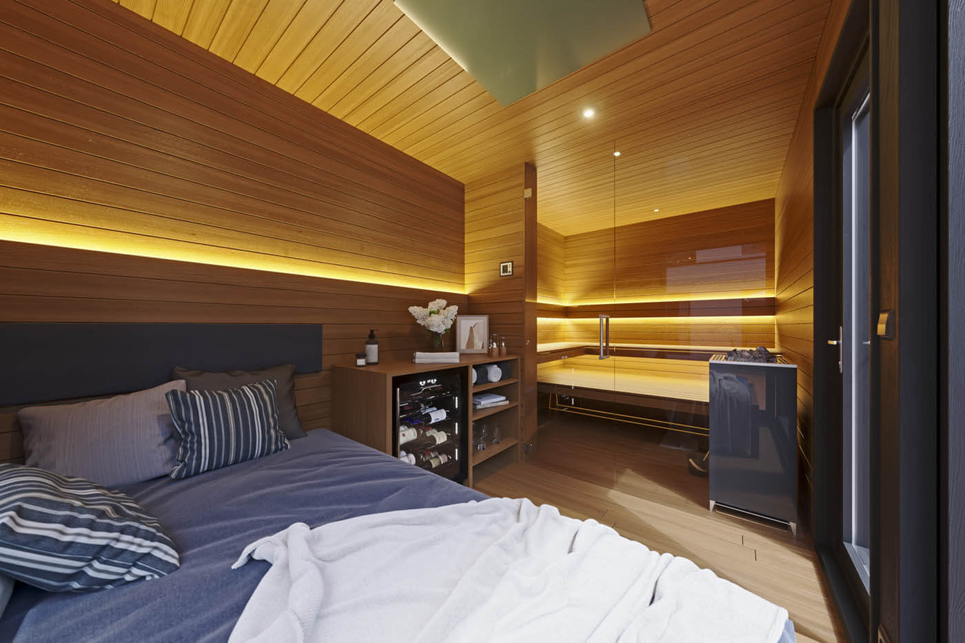 Design Gartensauna CUBUS 17 Design Gartensauna RHOMBUS auf Gartenterrasse am Pool mit großzügiger Verglasung sowie großem Ruheraum mit Daybed. Rhombus Holzprofil-Verkleidung.