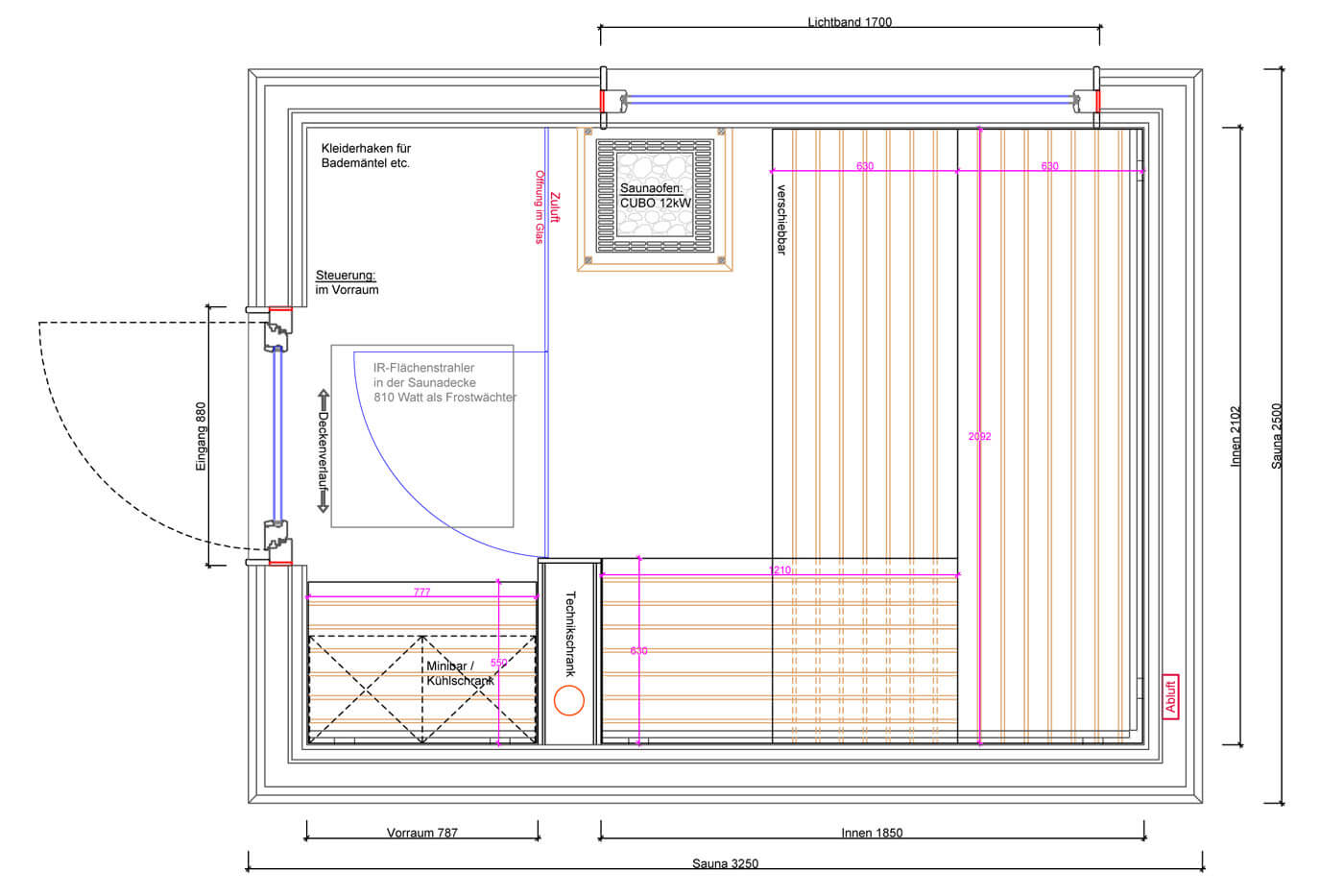 Design garden sauna CUBUS 12 Gartensauna mit Teilverglasung und kleinem Vorraum. Skizze und Grundriss.