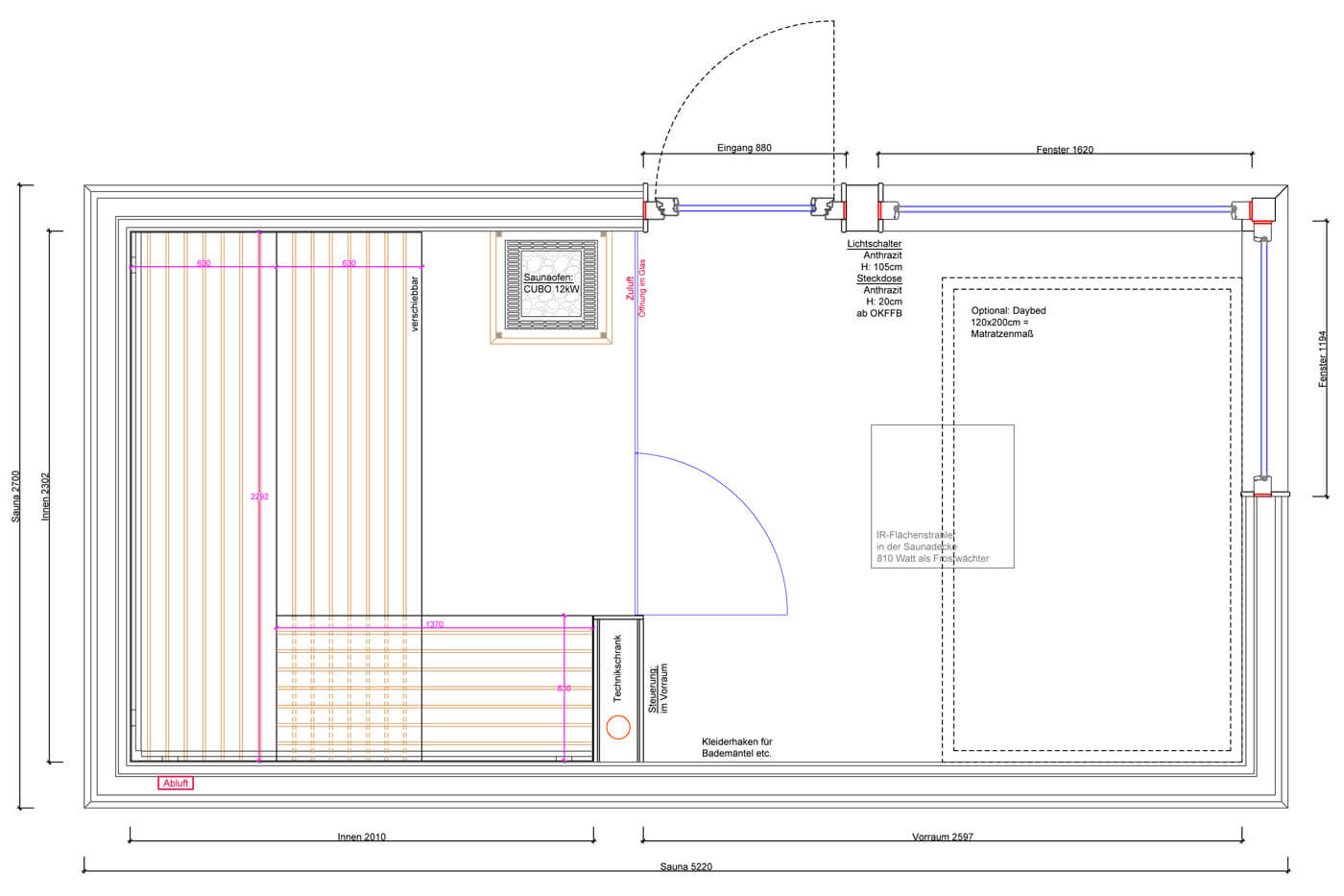 Design Gartensauna CUBUS 16 Gartensauna Grundriss mit integriertem Ruhebereich im Vorraum und seitlich verglaster Sauna.