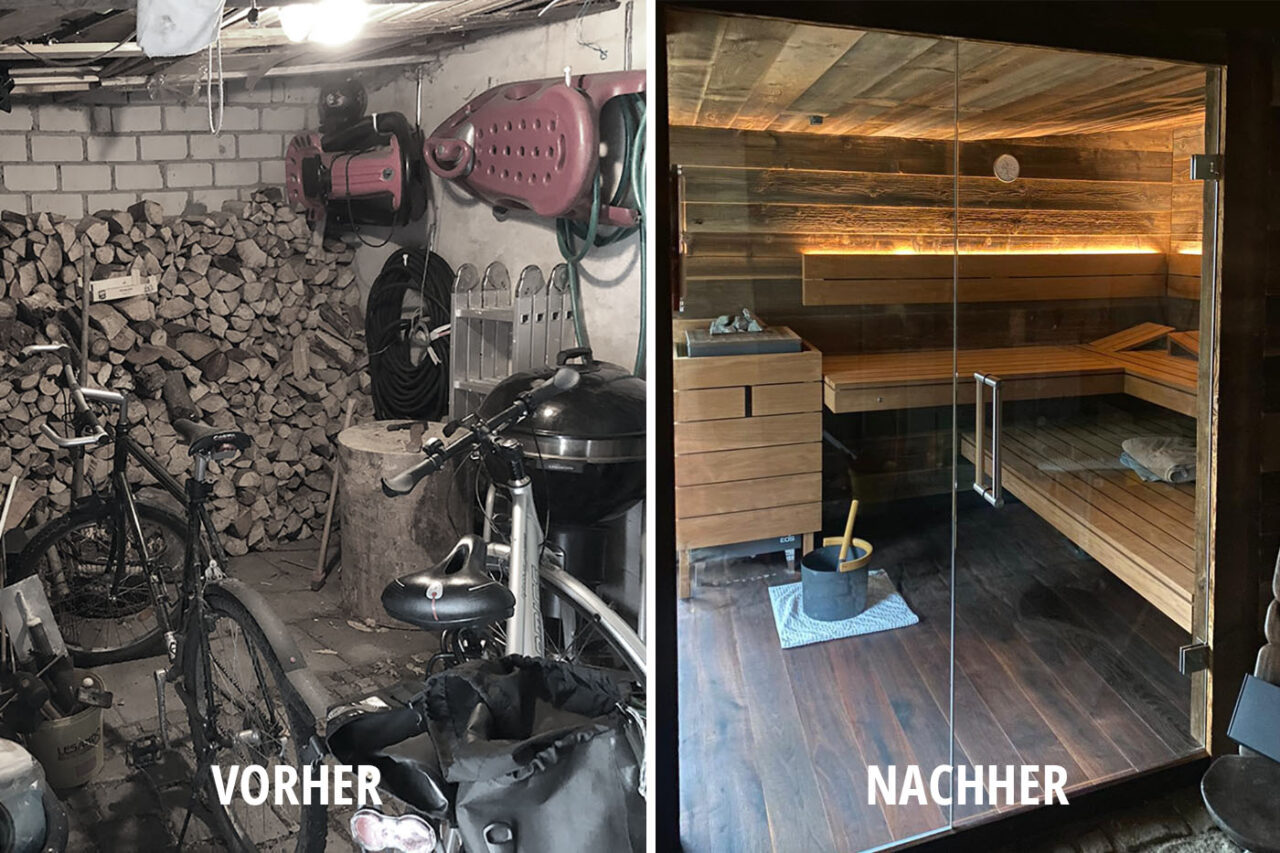 Aus Schuppen wird Gartensauna 2 Gartenschuppen, der zur Gartensauna umgebaut wurde: mit Altholz und Glasfront zum Garten