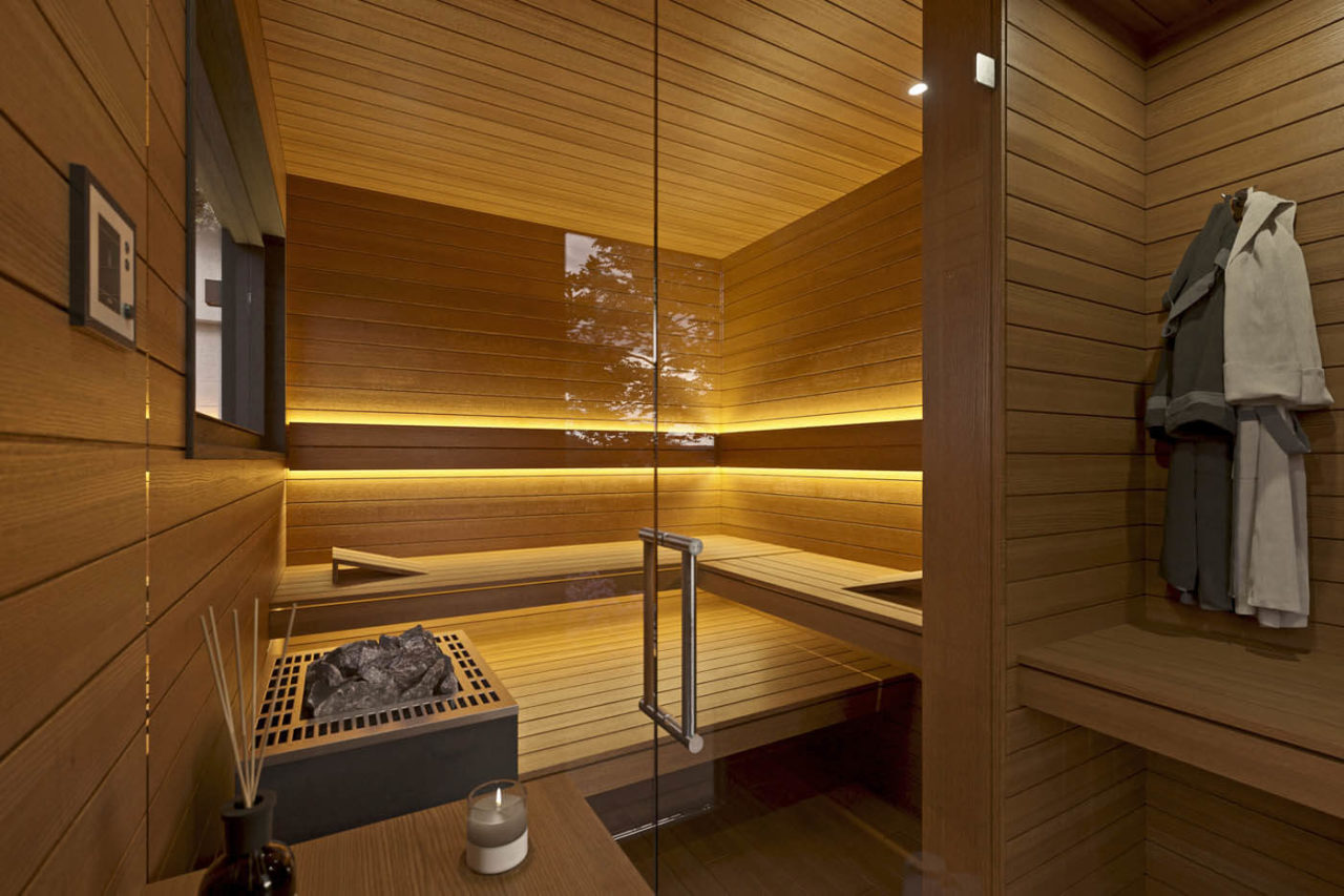 Design sauna de jardin CUBUS 5 Moderne Gartensauna mit kleinem Vorraum mit Außenverkleidung in Rhombus Profilholz.