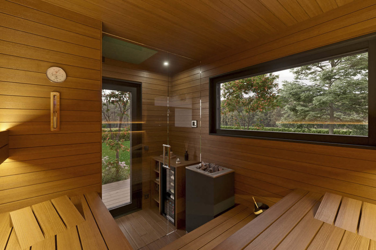 Design sauna de jardin CUBUS 13 Moderne Gartensauna mit kleinem Vorraum mit Außenverkleidung in Rhombus Profilholz.