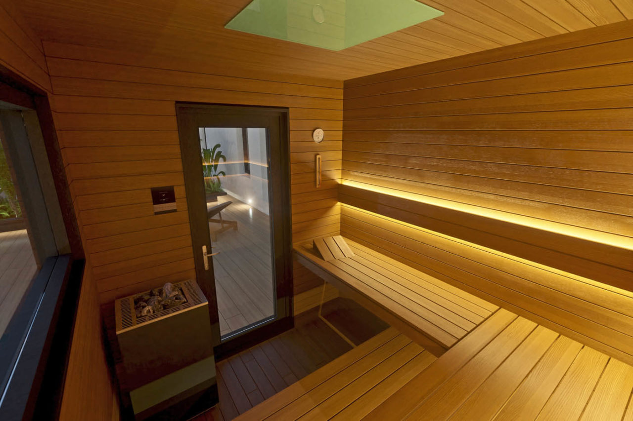 Design Gartensauna CUBUS 10 Moderne Gartensauna ohne Vorraum mit Außenverkleidung in Rhombus Profilholz.