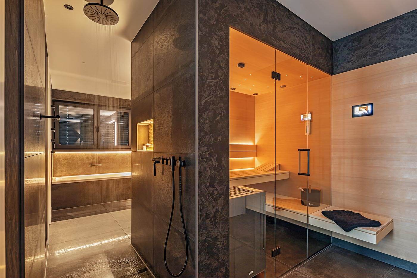 Hemlock sauna | Starry sky 16 Modern bio sauna in the smart home with remote activation. Hemlock saunaply, starry sky and extended sauna bench to the outside.