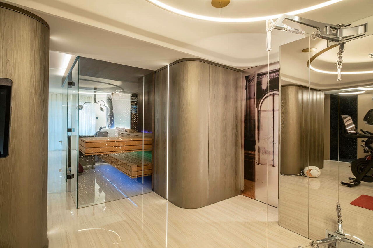 Verglaste Sauna in Eiche 158 Sauna Eiche mit Glasfront und Bänken in Thermo-Espe plus Infrarotstrahler