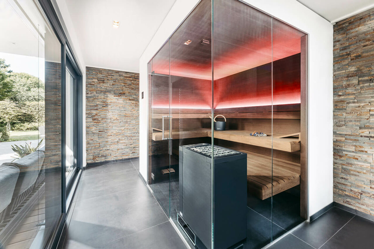 Design Sauna mit Ausblick 89 Sauna Massanfertigung Thermo Eiche 2 | corso saunamanufaktur