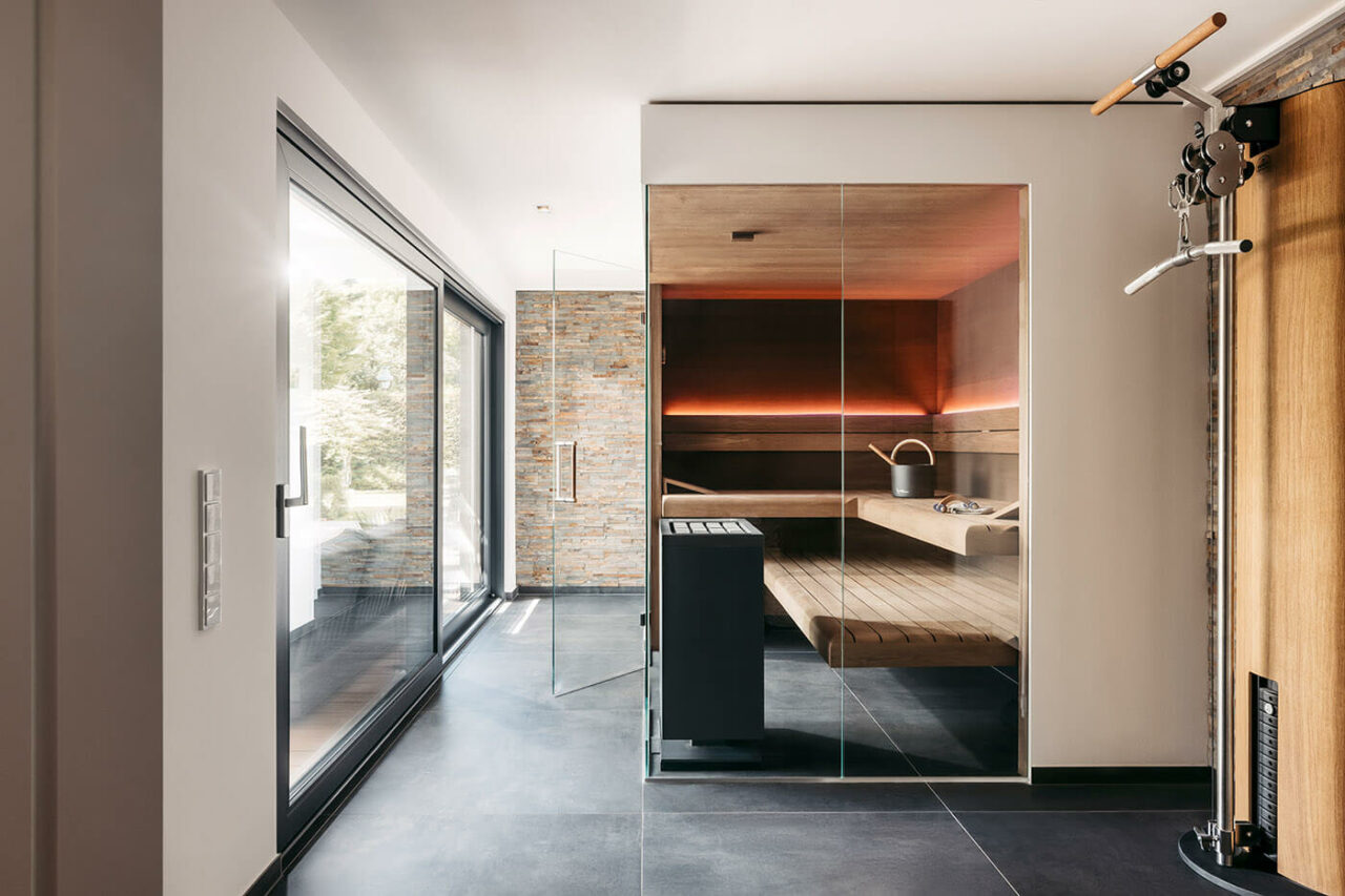 Design Sauna mit Ausblick 90 Sauna Massanfertigung Thermo Eiche 3 | corso saunamanufaktur