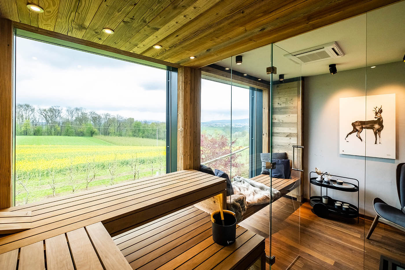 Design Sauna auf Garagendach 29 Sauna auf Garagendach: Altholzsauna in Maßanfertigung mit Glasfront und integriertem Außenfenster. Anbau bzw. Aubau auf dem Garagendach.