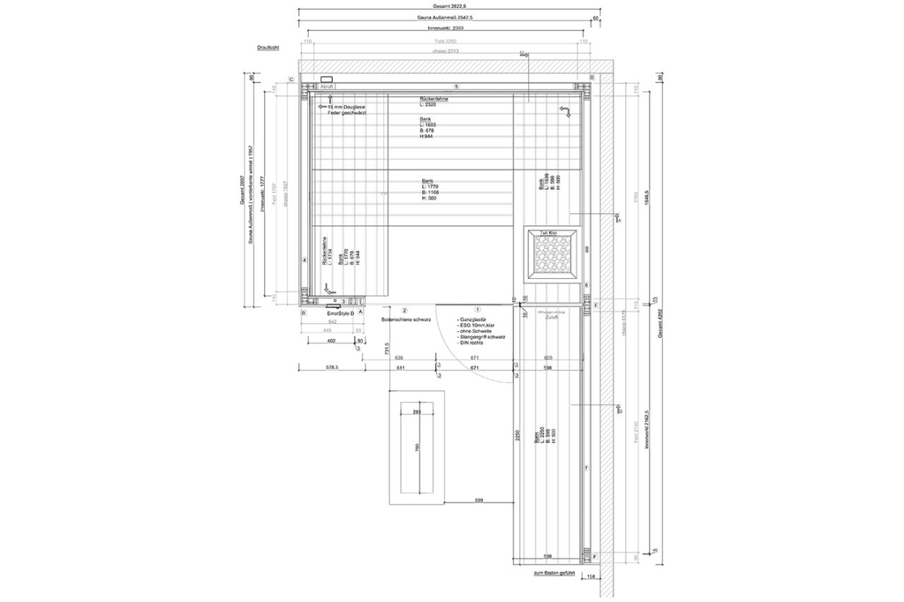 Zeichnung Sauna schwarzes Holz | corso saunamanufaktur