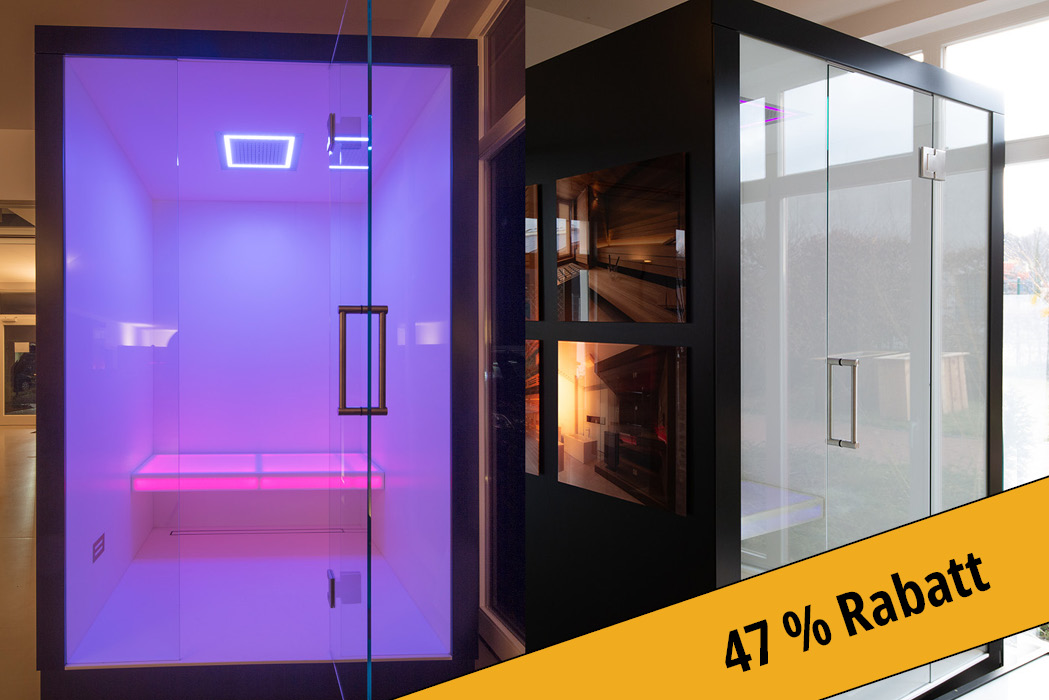 Sauna Abverkauf + Sauna Angebote 2 Dampfdusche mit Glasfront Ausstellungsstück aus Corian mit beleuchteter Sitzbank und Rainshower Panel