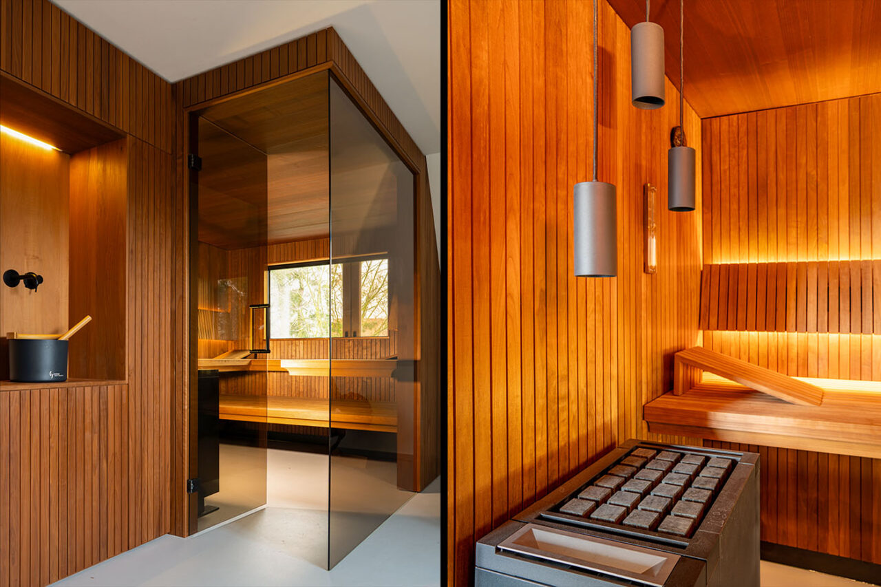 Sauna avec coin en verre à l’aspect baguettes 2 Design Sauna nach Maß mit Glasecke in Thermo-Espe Stäbchenoptik mit indirekter LED Rückenlehnenbeleuchtung und Außenfenster. Biosauna. Saunabau Münster.