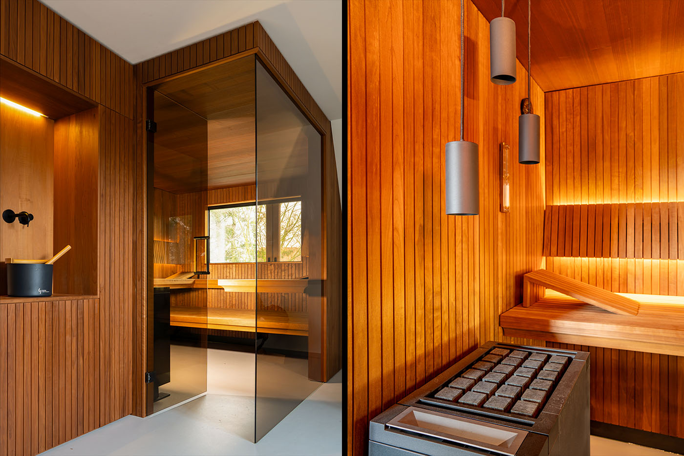 Sauna avec coin en verre à l’aspect baguettes 13 Sauna design sur mesure avec coin en verre à l’aspect thermo-tremble avec éclairage indirect LED du dossier et fenêtre extérieure. Sauna bio. Saunabau Münster.