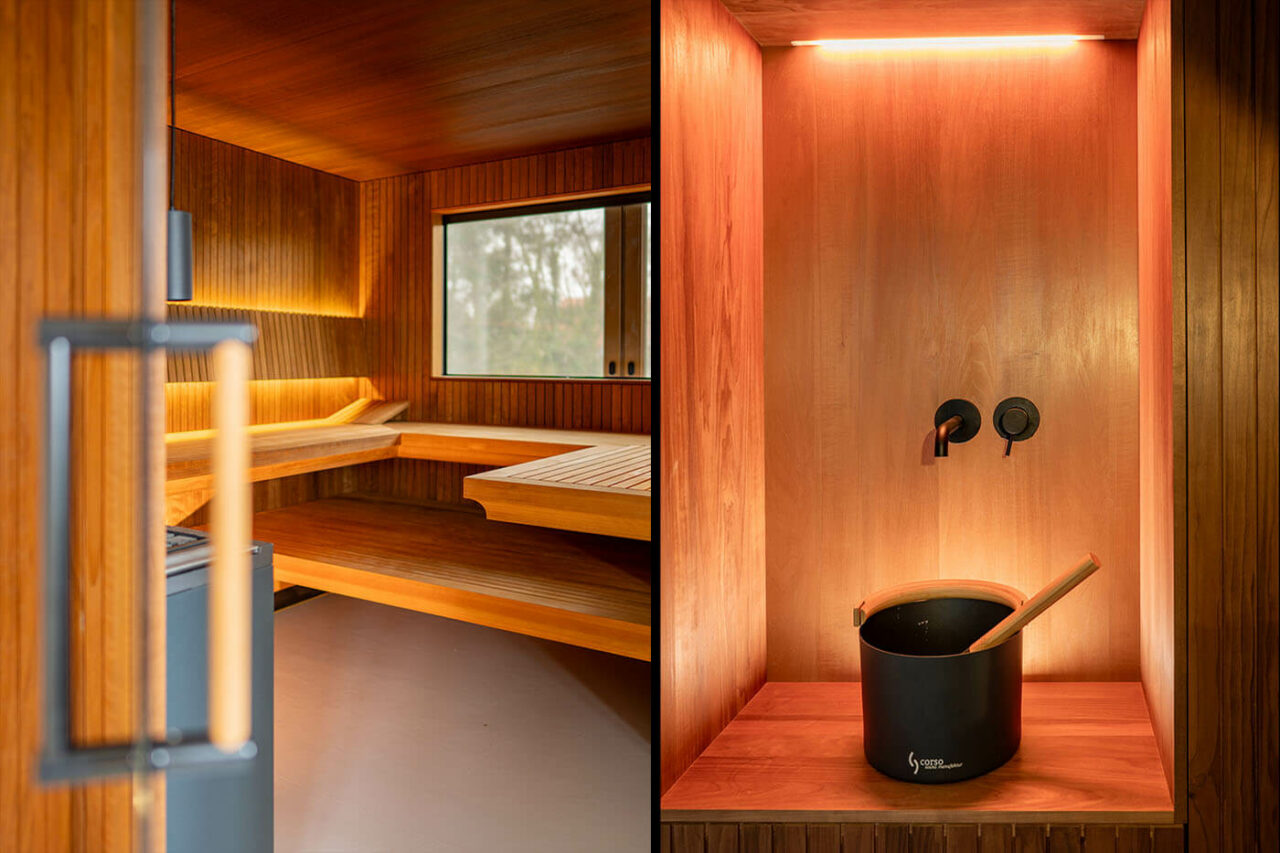 Sauna avec coin en verre à l’aspect baguettes 4 Design Sauna nach Maß mit Glasecke in Thermo-Espe Stäbchenoptik mit indirekter LED Rückenlehnenbeleuchtung und Außenfenster. Biosauna. Saunabau Münster.