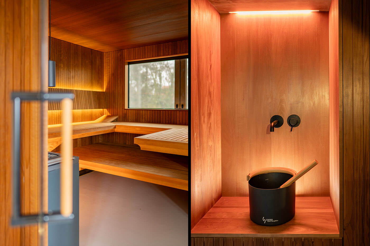 Sauna avec coin en verre à l’aspect baguettes 17 Sauna design sur mesure avec coin en verre à l’aspect thermo-tremble avec éclairage indirect LED du dossier et fenêtre extérieure. Sauna bio. Saunabau Münster.