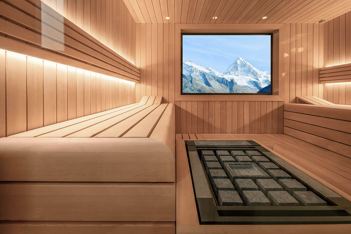 Design Sauna mit Außenfenster 24 Design Sauna mit Außenfenster. Sauna nach Maß: Moderne Sauna mit Glasfront in hellem Hemlock Holz.