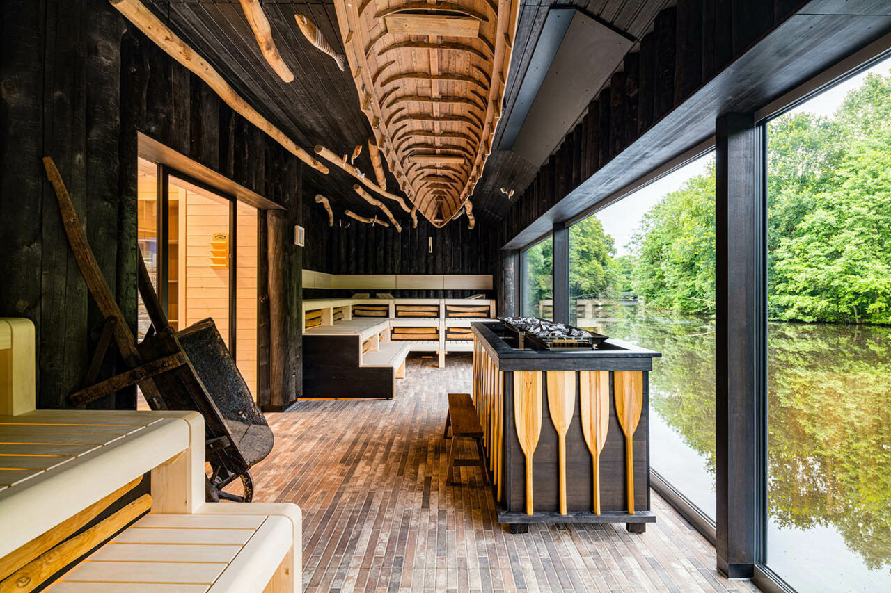 Sauna für öffentliche Bäder + Therme 6 Öffentliche Sauna und Therme: Olantis Huntebad Saunawelt: Blick in die Flusssauna direkt an der Hunte (Außensauna). Gewerblicher Saunabau im öffentlichen Bad. Maßanfertigung corso sauna manufaktur