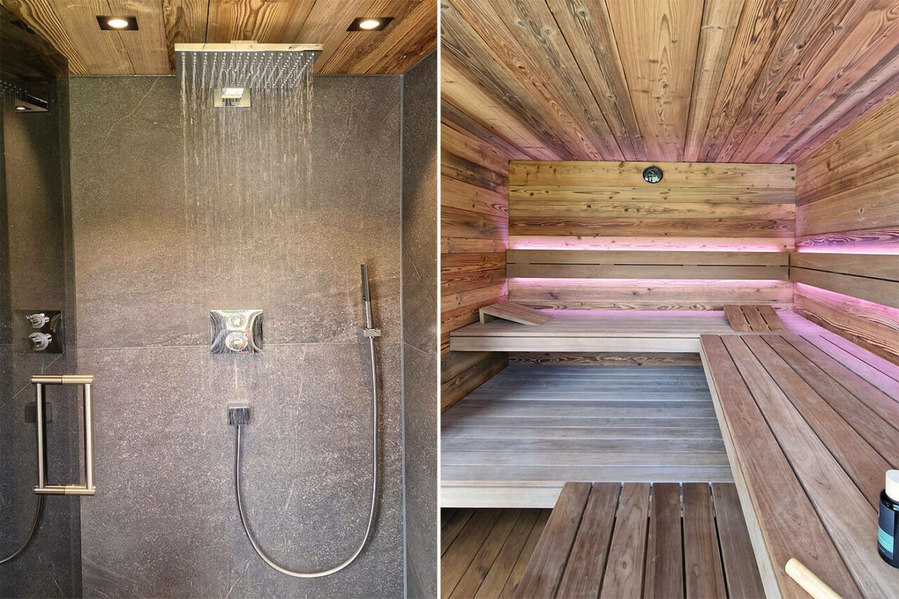 Gartensauna nach Maß mit Glasfront 151 Moderne Gartensauna nach Maß: Maßanfertigung mit Altholzsauna, Dusche und Ruheraum. Große Glasfront. Außenverkleidung in Rhombus Profilholz. Direkt vom Hersteller: corso sauna manufaktur